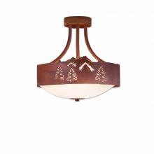  A48845FC-02 - Ridgemont Semi-Flush Medium - Mountain-Pine Tree Cutouts - Frosted Glass Bowl - Rust Patina Finish