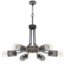  FX-3754-6 - 60W x 6 Savona pine wood/metal chandelier with double layer glass/metal mesh shade. (Edison bulbs NO